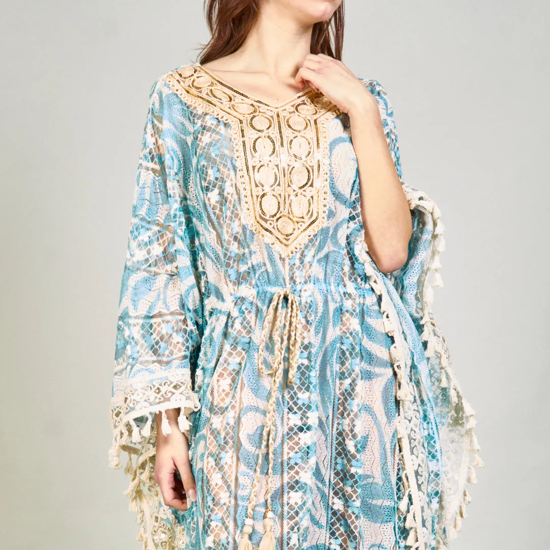 Lace kaftan dress with embroidered neckline wholesale